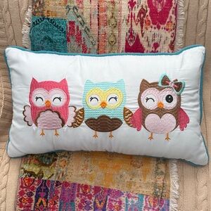 Cute Owl Embroidered Pillow 17” x 10”